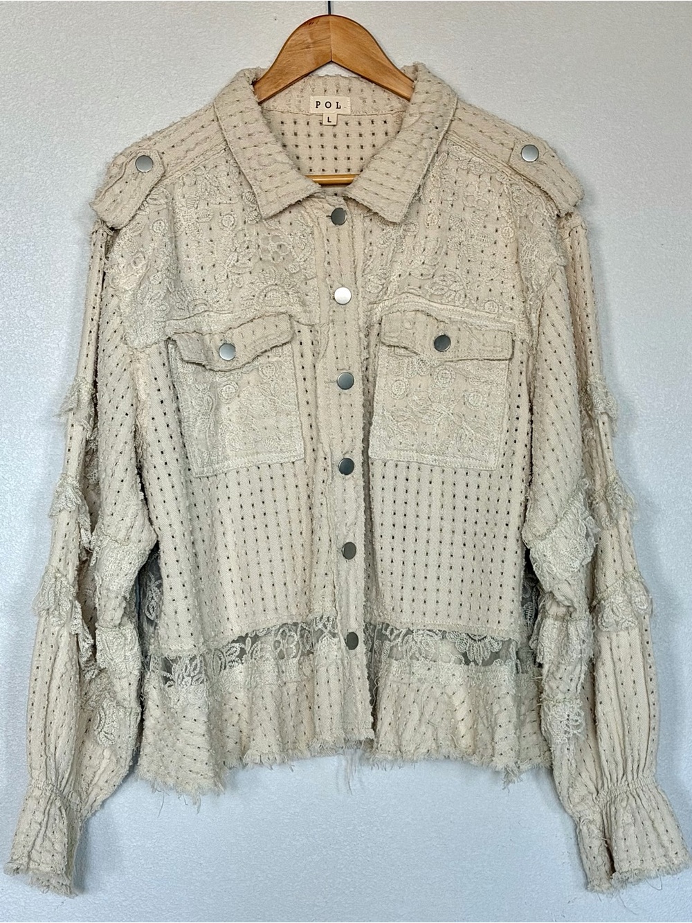 POL Mixed Media Lace Shacket Jacket Cream Boho Crochet Flared Sleeve Large